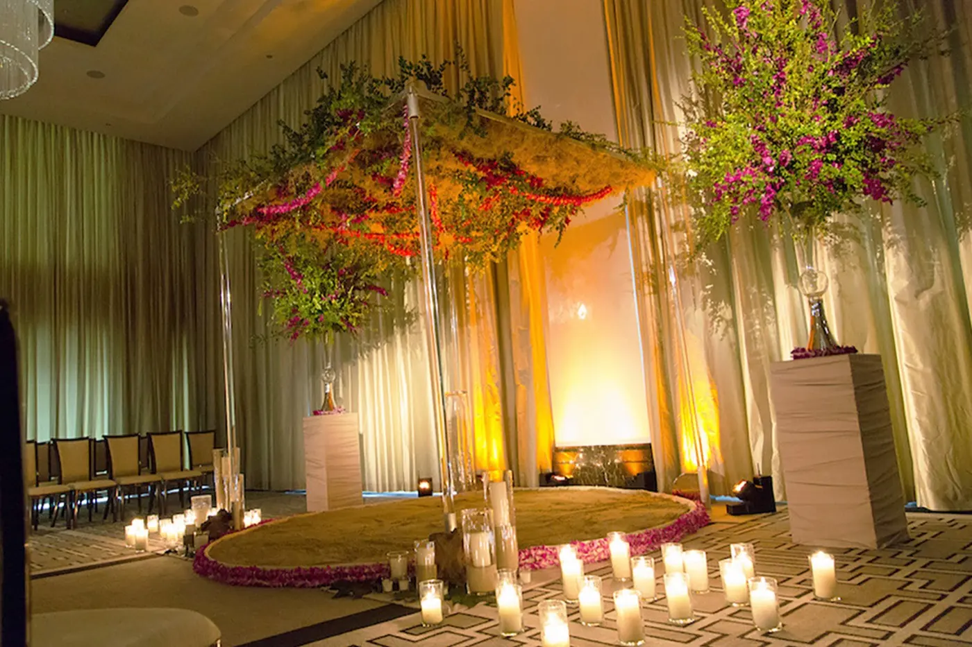 Draped ceremony backdrop by YJDecorating